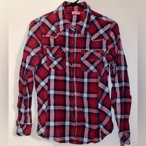 Red Ranch Red Plaid Flannel Pearl Snap Western Shirt With Studs size M